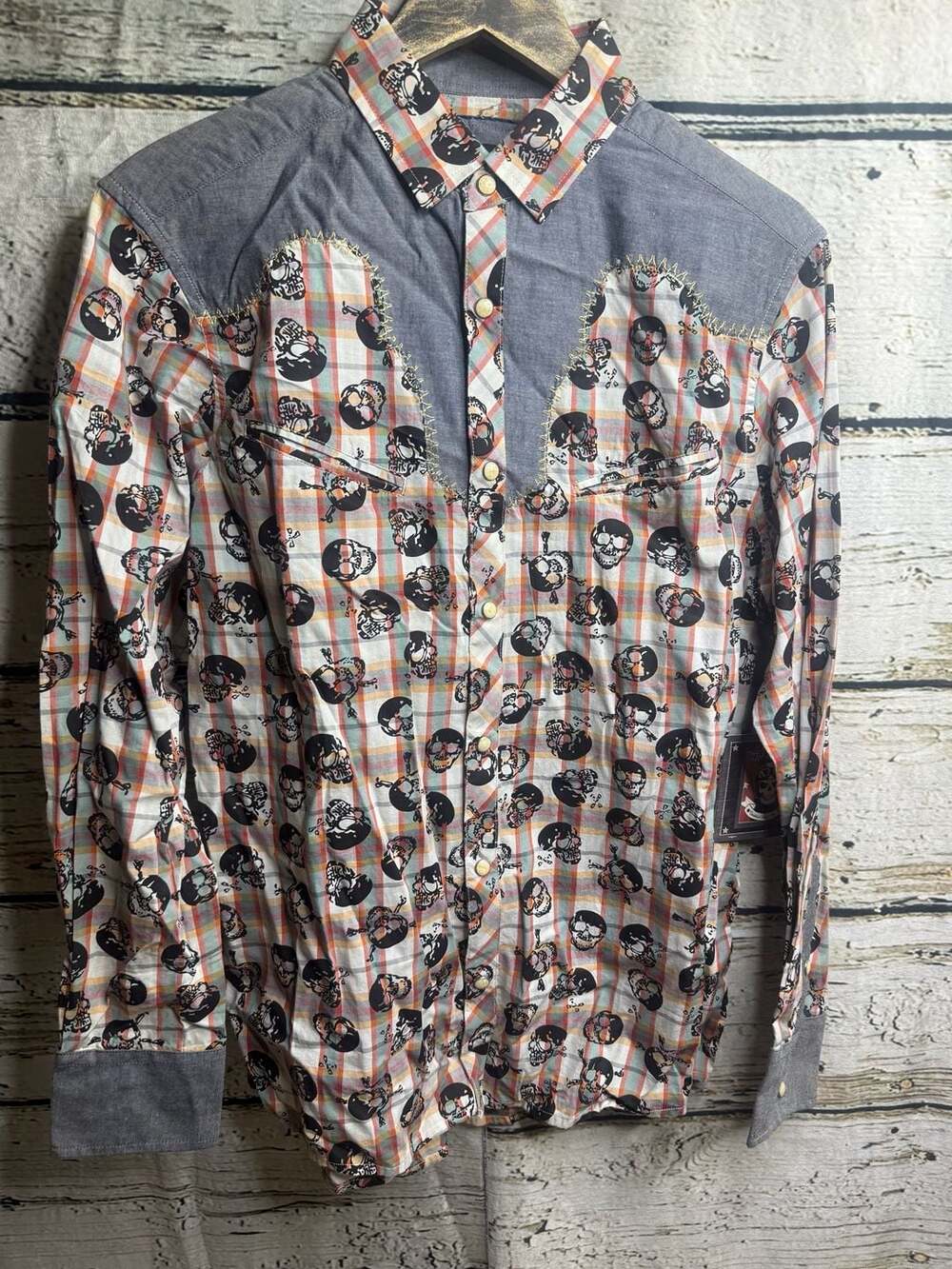 Rock Roll n Soul Small Western Plaid of Skulls Men's Button Up Shirt
